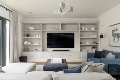 Medium sized contemporary living room curtain in Other with grey walls, dark hardwood flooring and a built-in media unit.
