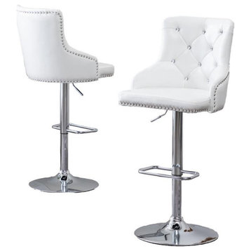 Adjustable Bar Stools with White Faux Leather and Faux Crystal Tufts (Set of 2)