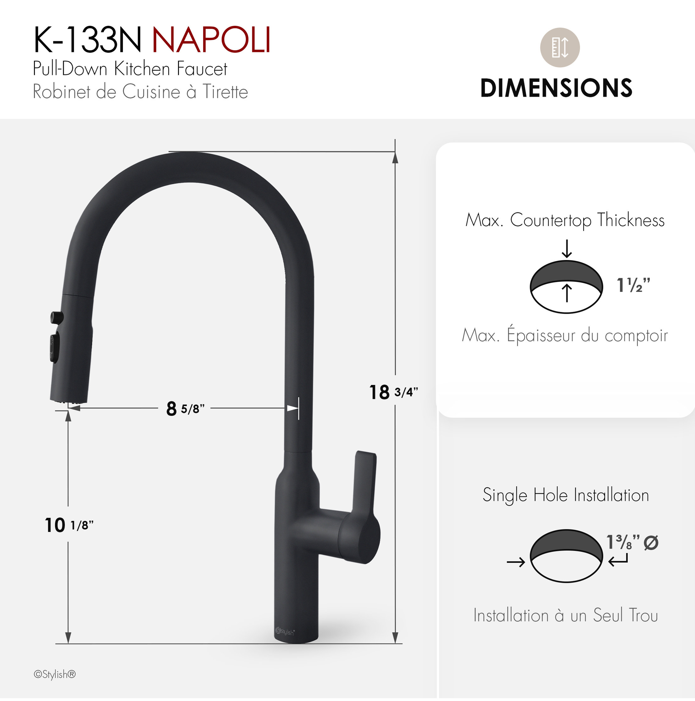 STYLISH Napoli Single Handle Matte Black Pull Down Kitchen Faucet