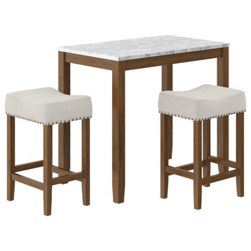 3 Pieces Pub Set, Faux Marble Table & Backless Scooped Stools, Brown/Light Gray