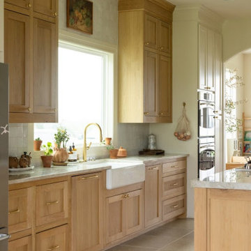 Natural White Oak Sink Wall with Apron Front Sink & Zellige Tile