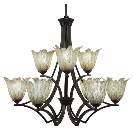 Zilo 9 Light Chandelier Shown, Dark Granite Finish With 7" Vanilla Leaf Glass