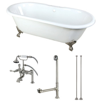 66" Cast Iron Clawfoot Tub w/Faucet Drain and Supply Lines, White/Brushed Nickel