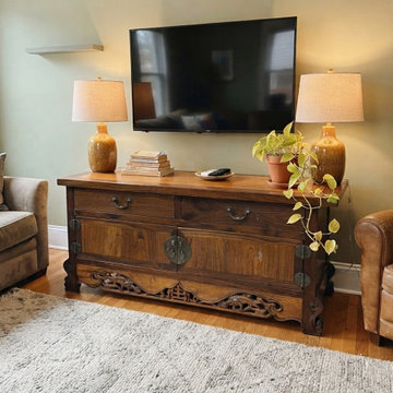 Vintage Asian Brown Kirin Motif Low TV Console Cabinet ws5025