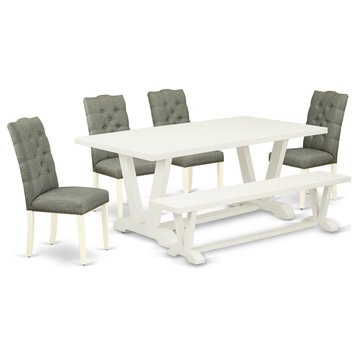 6-Piece Set, 4 Chairs, Top and Wooden Legs Wood Table and Bench, Linen White