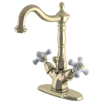 Unique Bathroom Faucet, High Spout With 2 White Cross Handles, Polished Brass