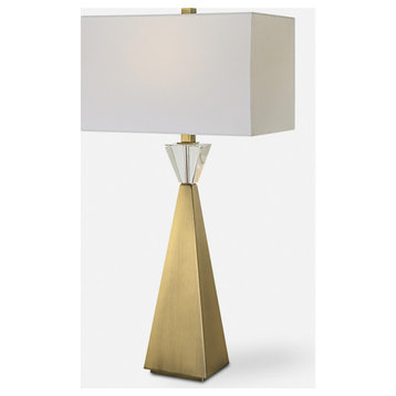 Tapered Antique Brass Metal Table Lamp 32 in Geometric Modern Pyramid Crystal