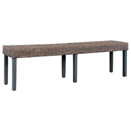 vidaXL Bench Dining Bench Seat Gray Natural Kubu Rattan and Solid Mango Wood