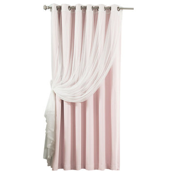 Wide Width Tulle Sheer Lace Blackout 2-Piece Curtain Set, Light Pink