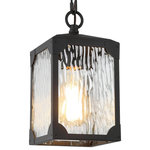 LNC - LNC Modern 1-Light Black Outdoor Hanging Light With Glass - This 1-Light black lantern outdoor pendant light from LNC combines sleek metal and water ripple glass to create coastal moder and farmhouse curb appeal. It's made from metal and features a water ripple glass with an outer rectangular frame. Water Ripper glass adds a rain-splashed look and hazy atmosphere, while a single bulb provides ambient illumination. Use this design on either side of a porch or garage for extra curb appeal. This fixture is suited for damp locations, so you can install it in covered outdoor areas. Plus, it's compatible with a dimmer switch to effortlessly take you from day to night.