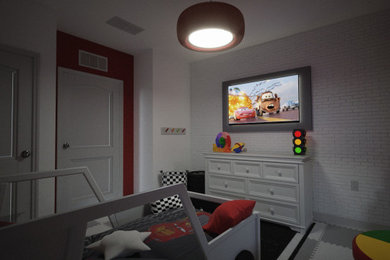 Imagen de habitación de invitados minimalista pequeña con paredes rojas, moqueta y papel pintado