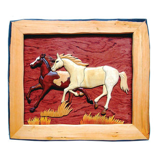 Horses Hand Crafted Intarsia Wood Art Wall Hanging 20 X 18 X 2 Inches -  Rustic - Wall Accents - by Zeckos | Houzz