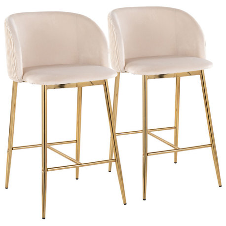 Fran Pleated Counter Stool, Set of 2, Chrome Metal, White Velvet