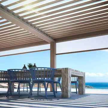 Adjustable motorized louvered pergola awnings