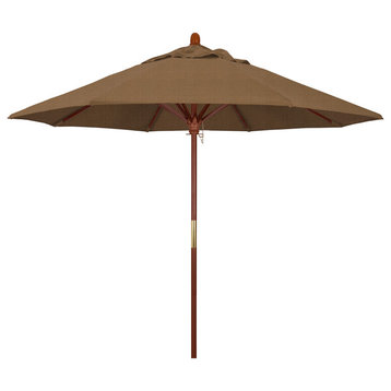 9' Square Push Lift Wood Umbrella, Olefin, Woven Sesame