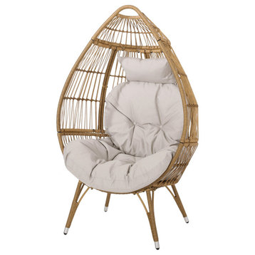 Lachlan Outdoor Wicker Teardrop Chair With Cushion, Beige, Light Brown