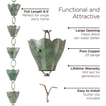 100% Blue Verde Pure Copper Tulip Rain Chain, 8-1/2 Ft Long, 13 Extra Large Cups