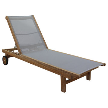Courtyard Casual Deck Side Natural Teak Outdoor Sling Chaise Lounge Chair