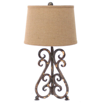 Benzara BM217252 Metal Table Lamp with Scroll Design Base, Bronze and Beige