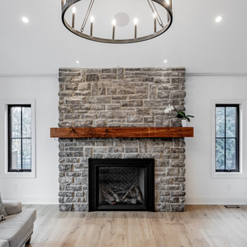 Stone Fireplace with Wood Mantel