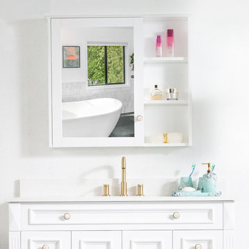 Solid Wood Bathroom Medicine Cabinet With Silver Coated Mirror, White, 34x30