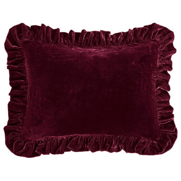 Stella Faux Silk Velvet Ruffled Dutch Euro Pillow, 27"x39",Garnet Red, 1 Piece