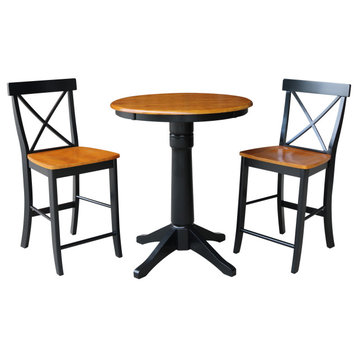 30" Round Pedestal Gathering Height Table With Counter Height Stools, Black/Cherry