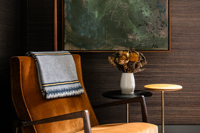 Home office - mid-sized transitional light wood floor and wallpaper home office idea in Dallas with brown walls