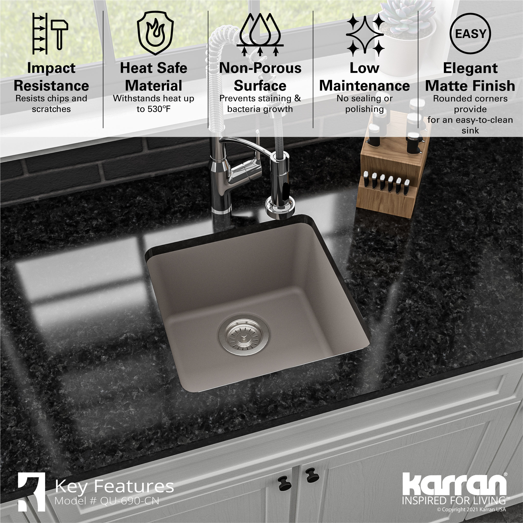 Karran Undermount Quartz Composite 17" Bar Single Bowl Sink, Concrete