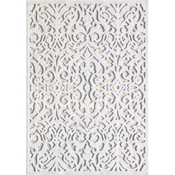 Indoor/Outdoor Area Rug, Unique Damask Pattern, Natural Gray, 7'9" X 10'10"