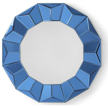 33" Saunder Mirror Blue Frame Unique Geometric Wave Design Dual Hanging Brackets