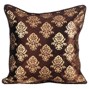 Damask 16"x16" Velvet Brown Pillow Covers, Classic Gold Damask