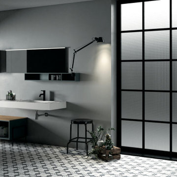 Modern bathroom with black and white vanity top