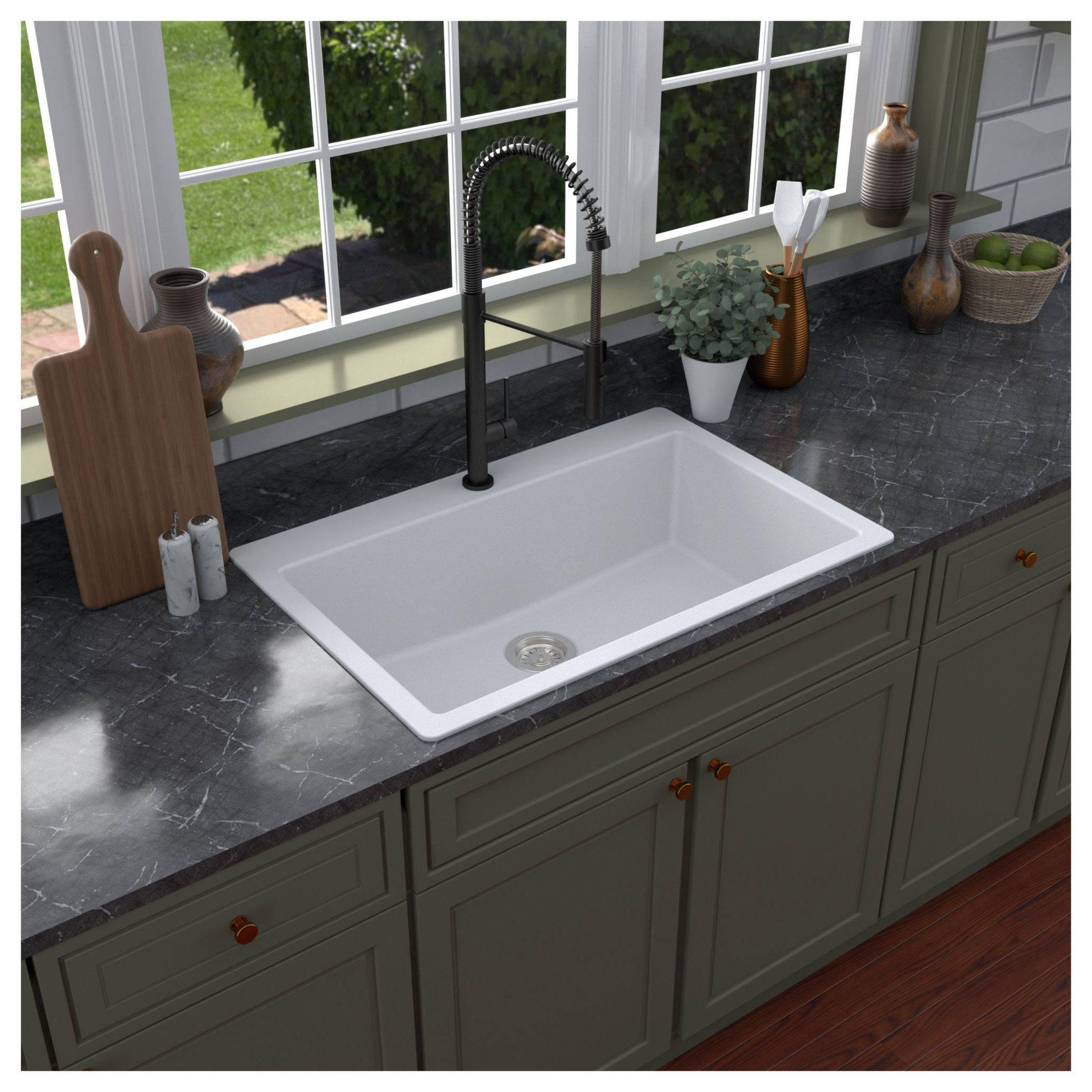 Karran QT-812 Top Mount 33" Large Single Bowl Quartz Sink Kit, Black