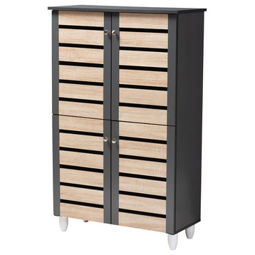 Shania Contemporary Two-Tone Oak and Dark Gray 4-Door Shoe Storage Cabinet