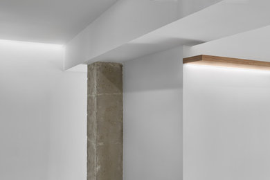 Imagen de salón gris y blanco moderno sin chimenea con paredes blancas y suelo de madera clara