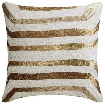 Gold Decorative Pillow Cover, Embroidery With Sequins 14"x14" Silk, Gold Gong