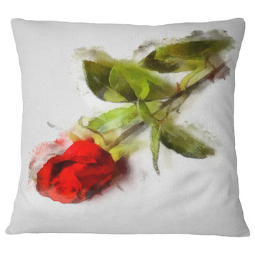 Red Rose With Stem Drawing Flower Throw Pillow, 18"x18"