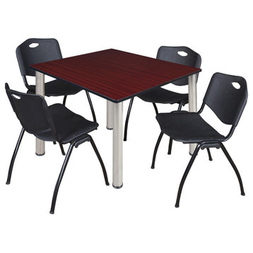 Kee 48" Square Breakroom Table- Mahogany/ Chrome & 4 'M' Stack Chairs- Black