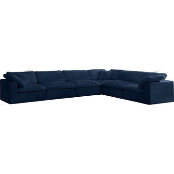 Maklaine Contemporary Navy Velvet Down Filled Overstuffed Modular Sectional Sofa