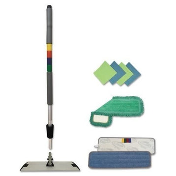 Microfiber Mopping Kit, 18" Mop Head, 35-60" Handle, Blue/Green/Gray
