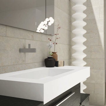 Modern brown and white bathroom with cube storage unit