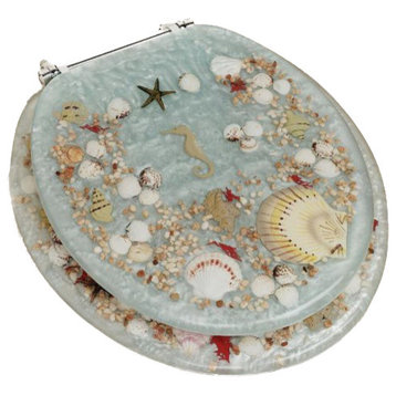 Jewel Seashell and Seahorse Resin Toilet Seat, Standard Round, Blue