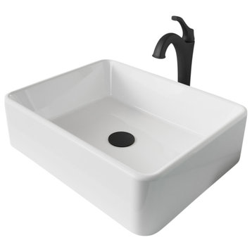 Elavo Rectangle Ceramic Vessel Sink, Bathroom Arlo Faucet, Drain, Matte