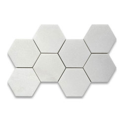 Stone Center Online - Thassos White Marble Hexagon Mosaic Tile 5 inch Honed, 1 sheet - Mosaic Tile