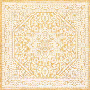 Sinjuri Medallion Textured Weave Indoor/Outdoor, Yellow/Cream, 5' Square