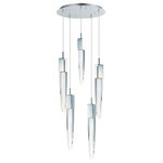 ET2 Lighting - Quartz LED 5-Light Pendant - Stalactites of Clear Beveled crystal suspend from your choice of Polished Chrome or Black supports, can be hung at various heights to create a spectacular array. The crystal shimmers as light diffuses through the facets powered by 90 CRI LED dimmable modules.
