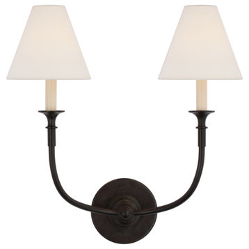 Piaf Double Sconce in Aged Iron with Linen Shades