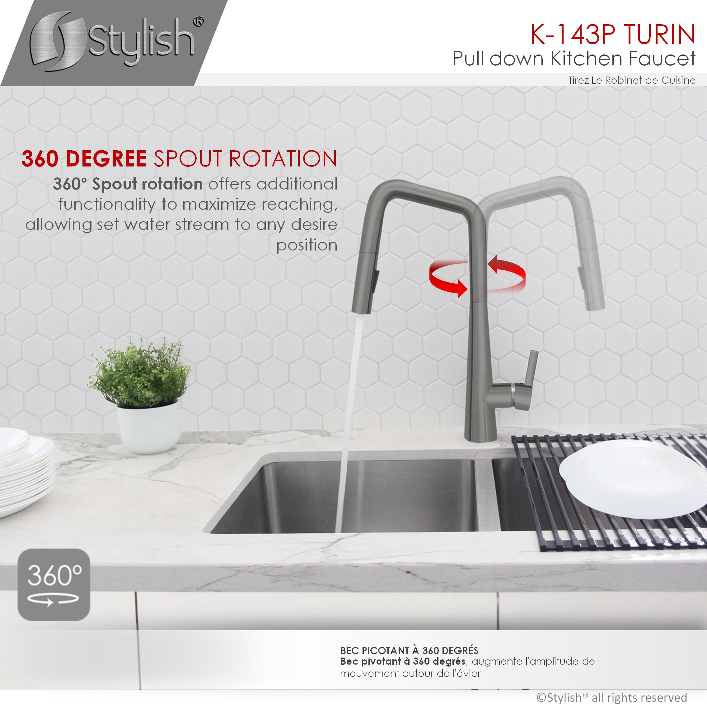 STYLISH Modern Single Handle Pull Down Sprayer Kitchen Faucet in Gunmetal