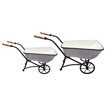 White Metal Farm Cart Planter Two Piece Set With Distressed Finish